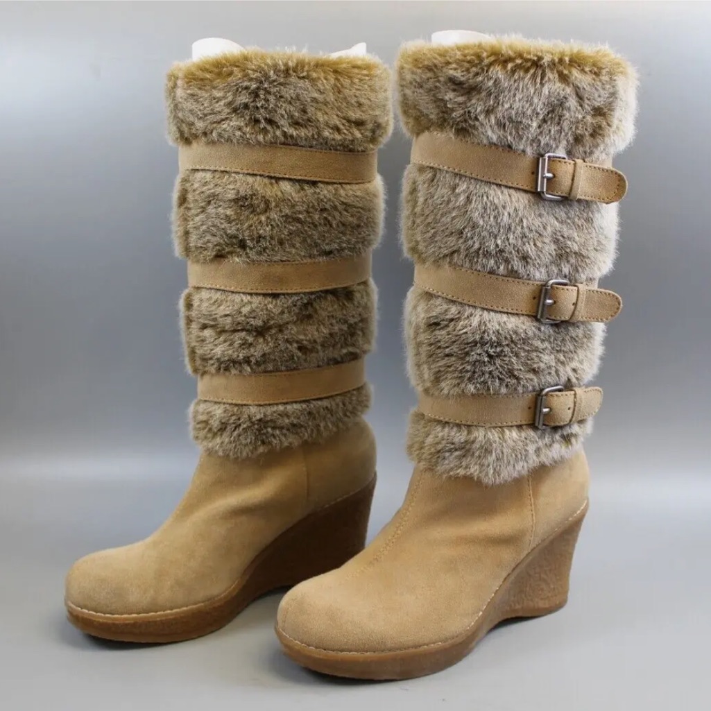 Mia Suede & Faux Fur Wedge “Boots With The Fur” Knee Boots Buckles Non-Slip Sole